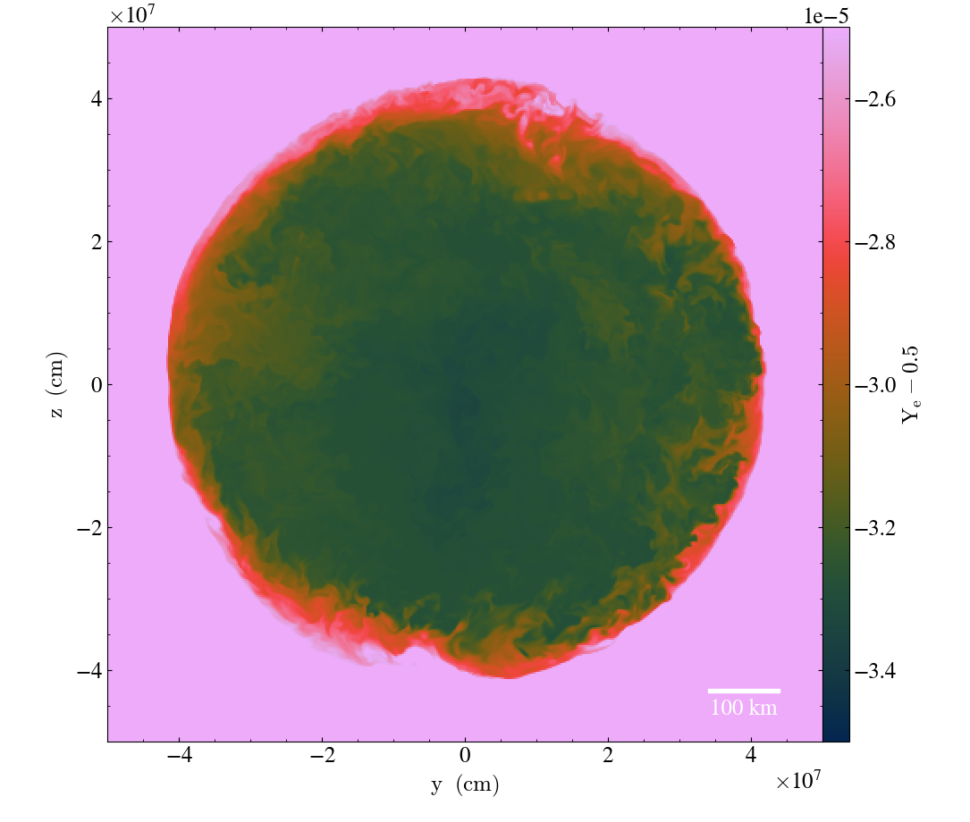 Slice showing scaled electron fraction in a
                      Maestro simulation of the white dwarf convective
                      Urca process.